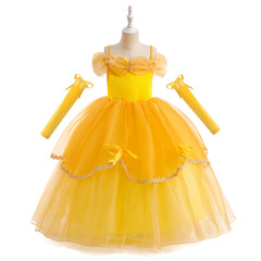 Princess Belle Beauty and the Beast Children's Dress Christmas Pom-pom Skirt Girl Child Belle Princess Costume Dress