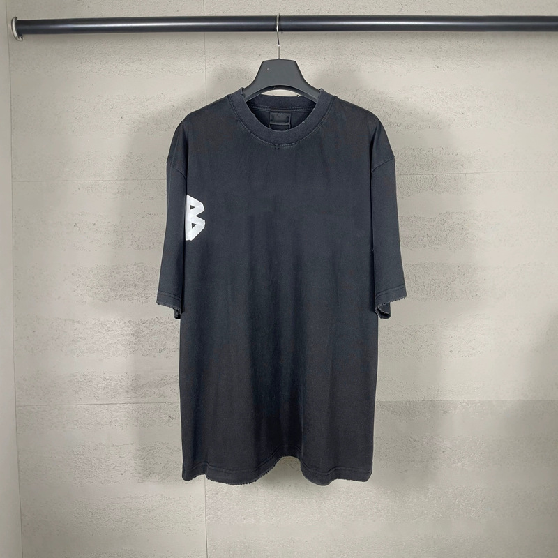 Paris high-end version SS25 new B-brand classic tape print washed distressed casual loose-fit short-sleeve T-shirt