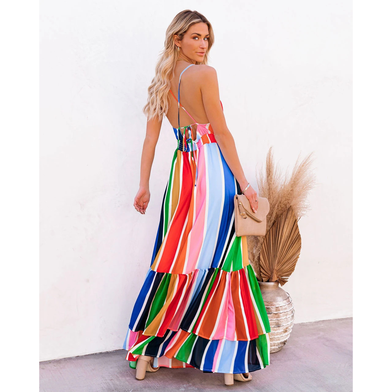 layered rainbow striped loose suspender dress NSOYL124072