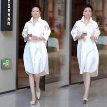 韩版时尚泡泡袖胖连衣裙2024夏季新款宽松中长款气质纯色衬衫裙