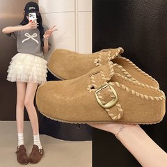 韩系内增高厚底半拖鞋女2025秋季圆头网红复古松糕休闲懒人勃肯鞋