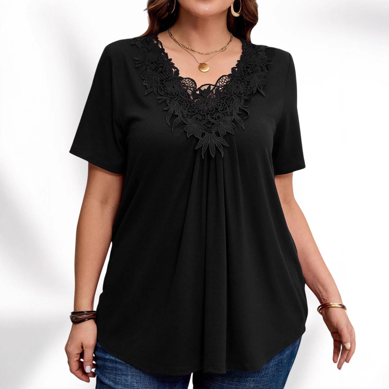 European and American Amazon Women's Elegant Short-Sleeved Aunt T-Shirt Lace Splicing Top Plus Size Women's Clothing