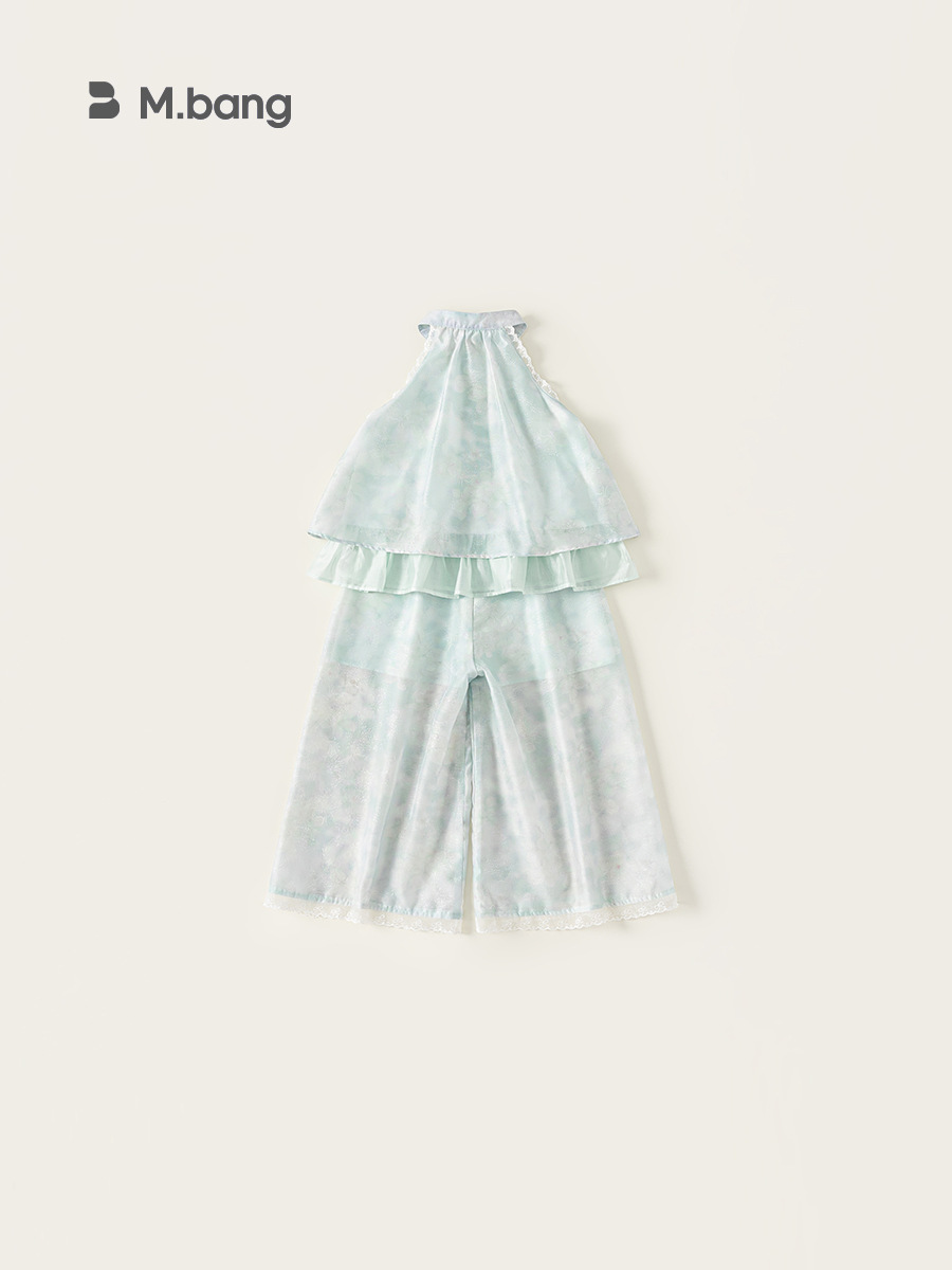 Ropa de niños Youbao de verano para niños grandes trajes de niñas camisas colgantes de cuello estilo nacional de malla de niñas pantalones de piernas anchas de encaje dos conjuntos