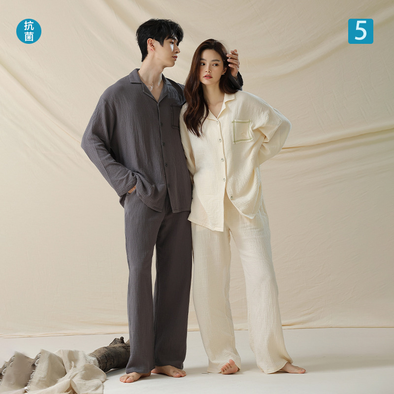 [Baby Cotton] Double-Layer Gauze Spring and Autumn Soft Cotton Couple's Long-Sleeve Pajamas, Class a Simple Unisex Loungewear