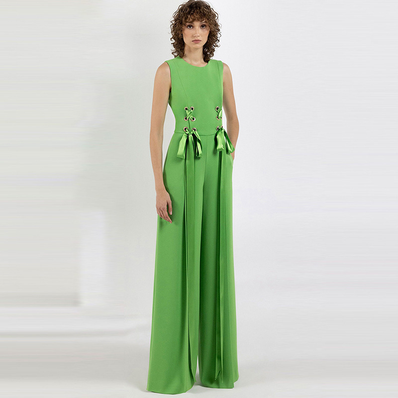 In Stock 2026 Early Spring Series New European and American Celebrity Fashion Ribbon Tie Sleeveless Wide-Leg Jumpsuit