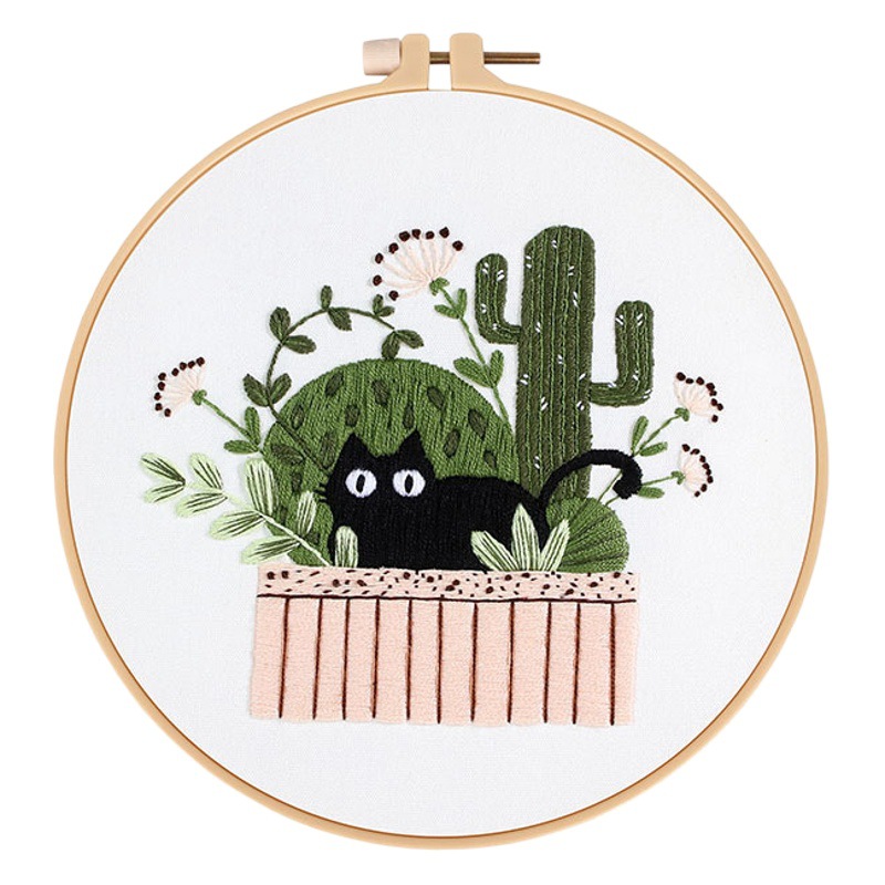 Original nuevo gato de vacaciones bordado hecho a mano material de bricolaje paquete negro gato flor cactus planta verde transfronteriza inglés