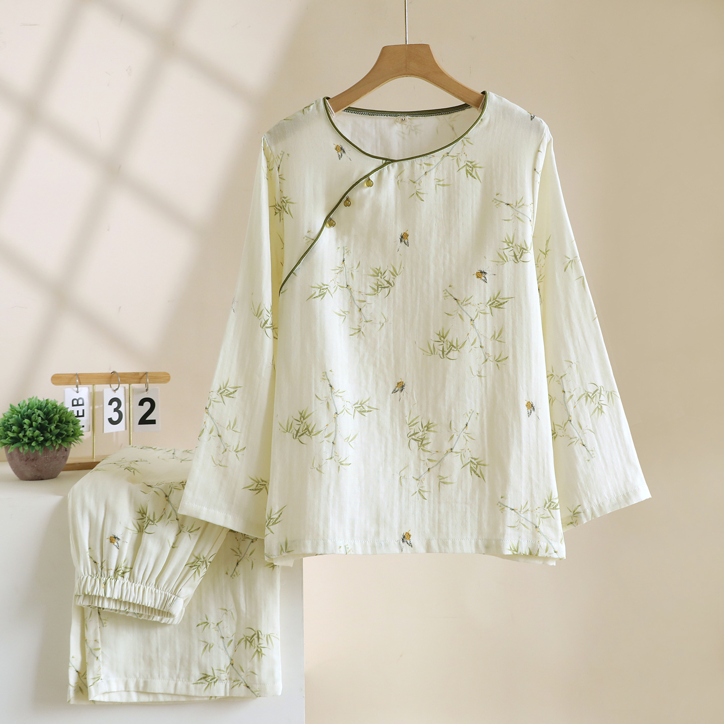 2026 Frühjahr/Sommer Neues Damen-Pyjama-Set 100% Baumwollgaze Chinesischer Stil Rundhals Dünne Ärmel Lange Hose Lose Hauskleidung – Detail 4