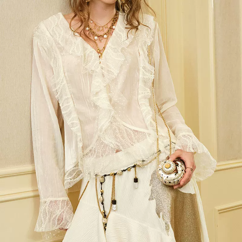 荷叶边丝绒衬衫女法式小众内搭收腰上衣2026春季新款气质衬衫女