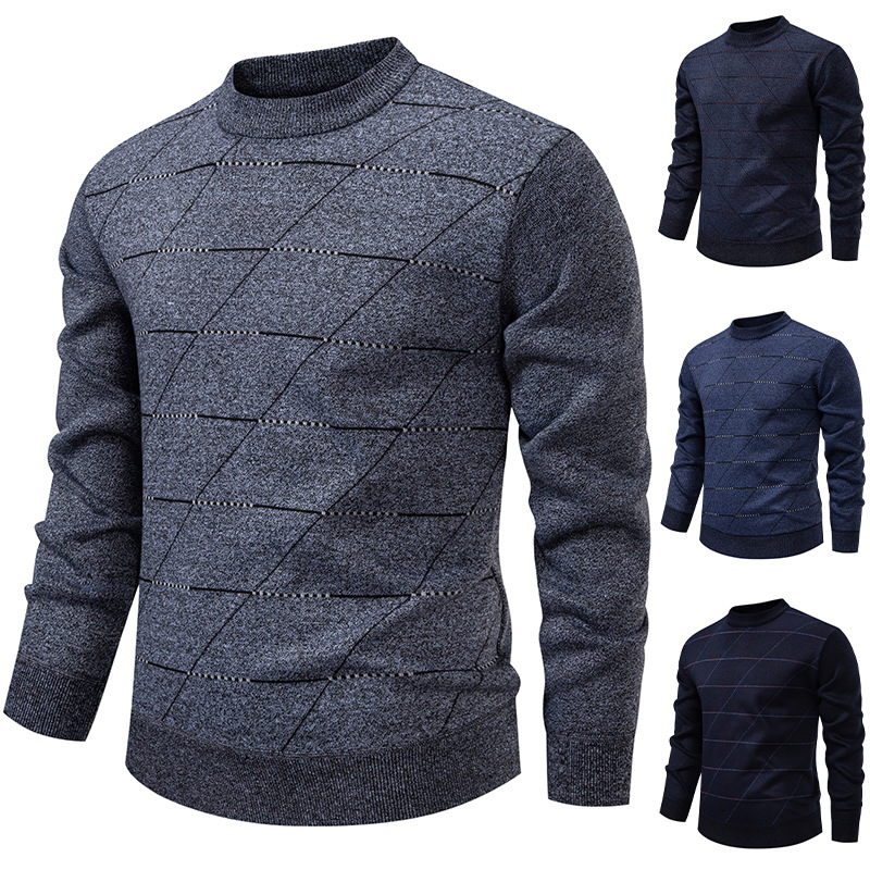 2025 Autumn and Winter New Men's Fashion Trend Plaid Knitwear Fleece-Lined Thickeneded Casual Round Neck Warm Knitwear