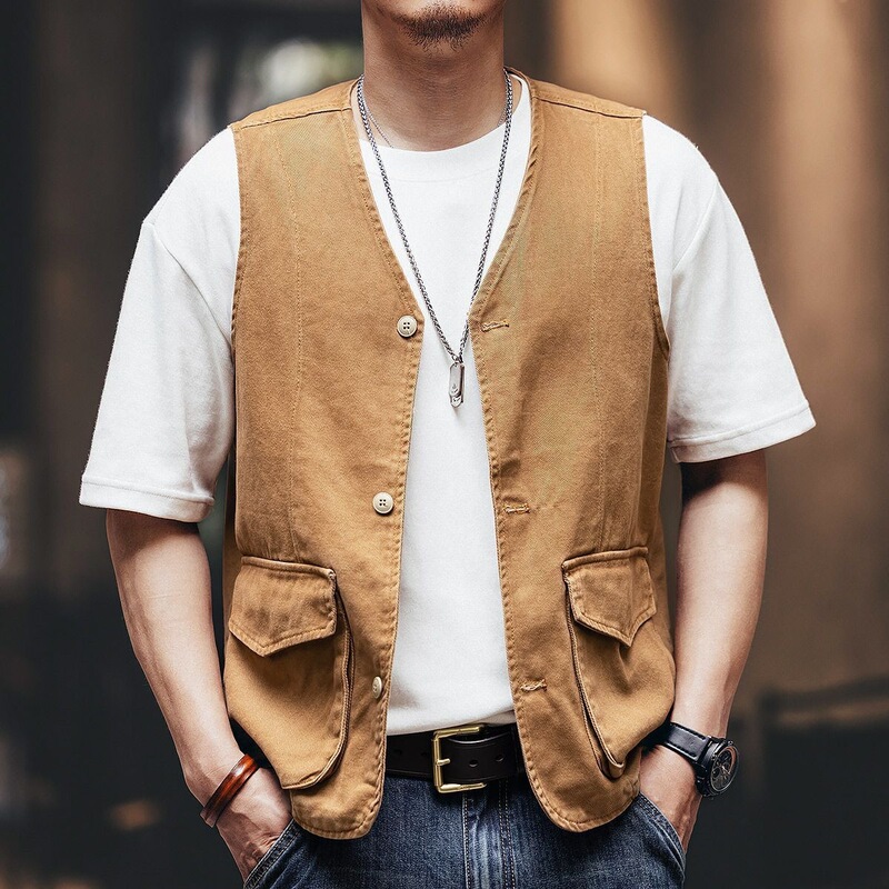 American Retro Washed Denim Vest for Men, Summer Thin Loose Outdoor Sleeveless Vest Casual Jacket