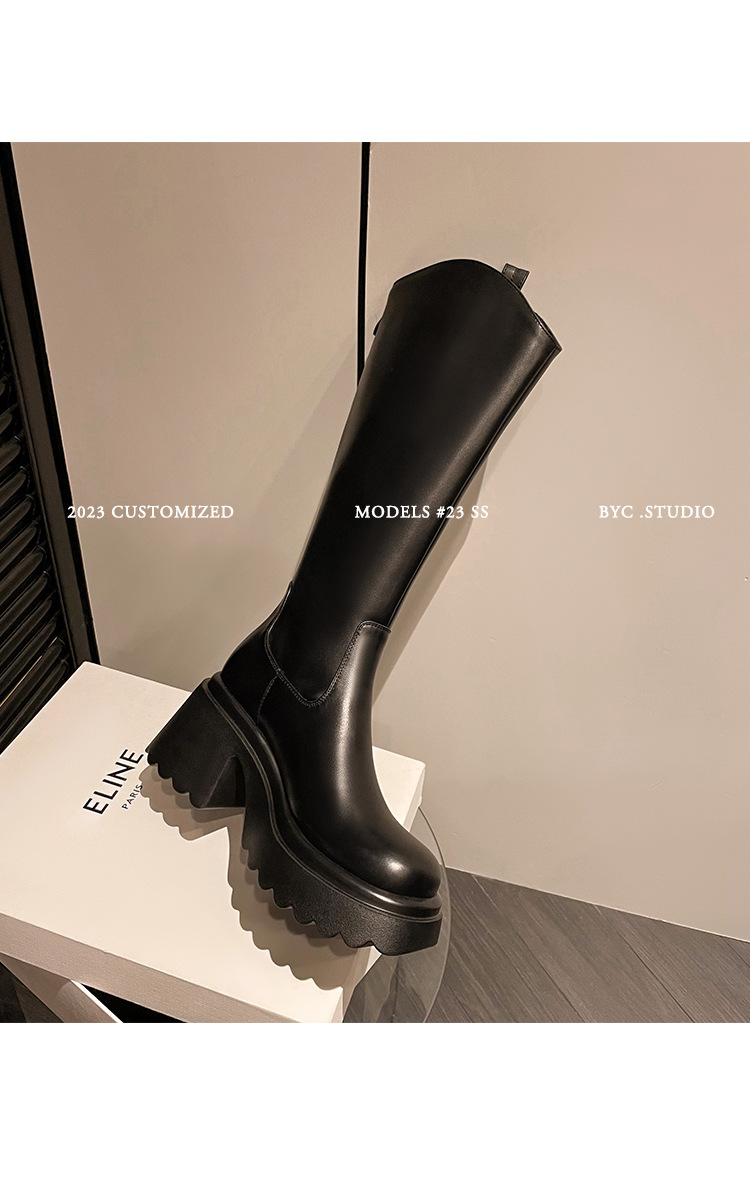 Boot nữ cổ cao mũi tròn gót vuông dày 9 cm, phong cách kỵ sĩ V-cut — Ống lớn màu nâu sẫm lót một lớp chi tiết 29