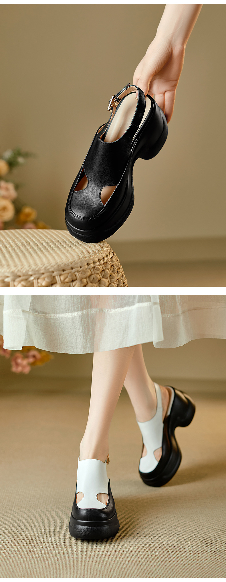 Sandal nữ cao gót đế xuồng platform mũi kín phong cách La Mã, gót 9.5 cm — màu đen, màu trắng chi tiết 7