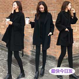 外套薄款女秋装宽松中长款毛呢外套系带大码宽松女大衣