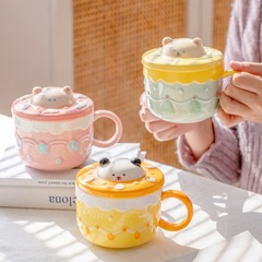 Cute Little Bear Cartoon Ceramic Cup with Lid, High-Quality Super Cute Large Capacity Mugs Breakfast Oat Coffee Cups