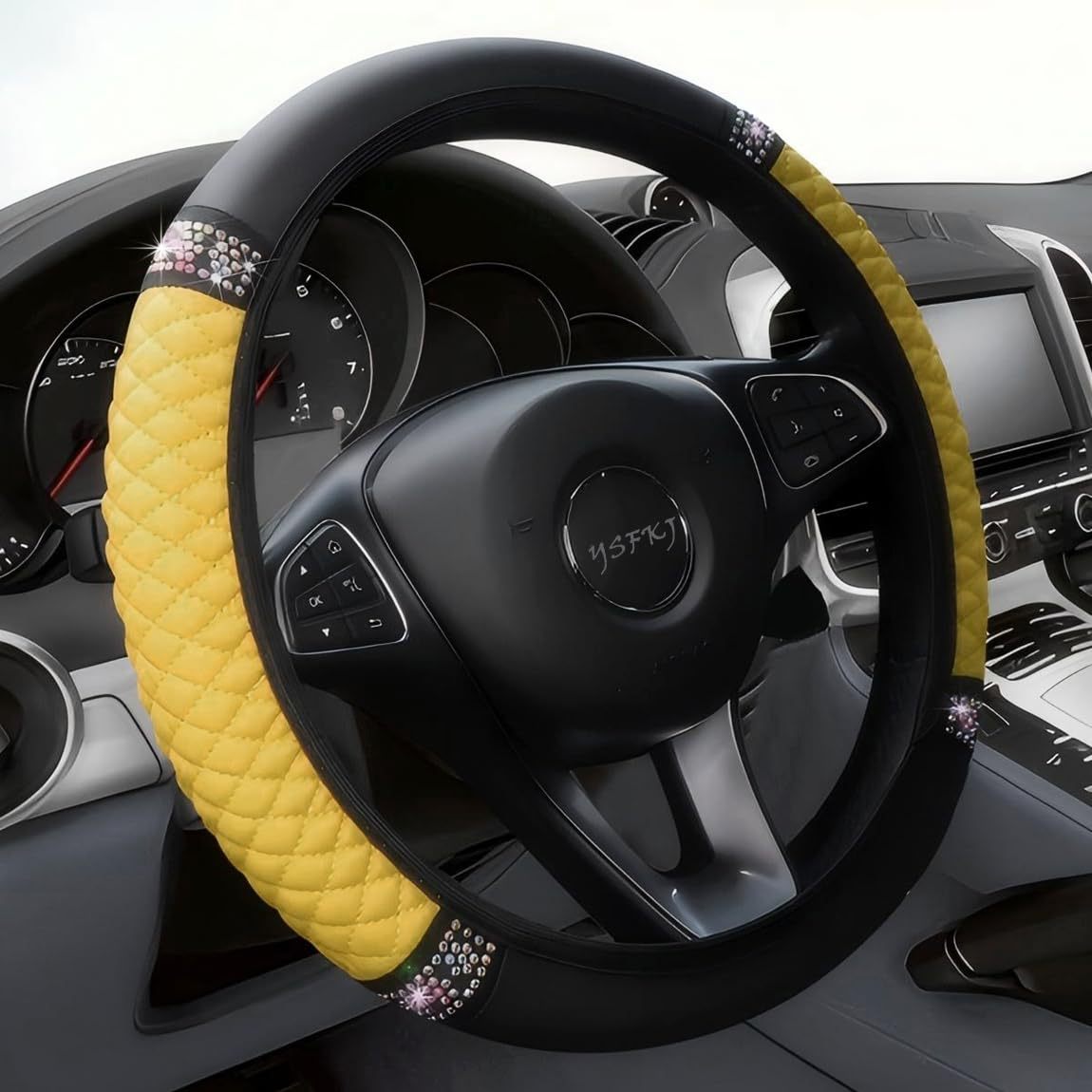 Factory Direct Sales Cross-Border Colorful Rhinestone Car Steering Wheel Cover, Leather Three-Dimensional Interior Handle Cover Without Inner Ring