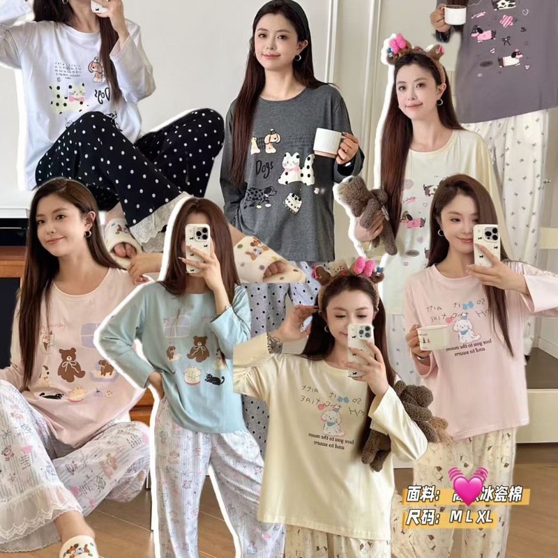 秋季新款ins少女时光蕾丝卡通冰瓷棉长袖甜美圆领休闲家居服套装|undefined