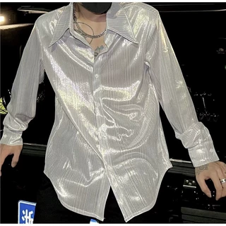 潮牌时尚简免烫衬衫春春秋痞帅衬衫男小众纯色亮面高级感液态琉璃