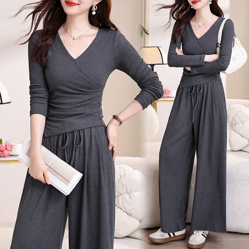 2025 Autumn Korean Style Casual Long Sleeve Two-Piece Sweater Women's Temperament Waist Wide Leg Pants Slim Suit Trendy