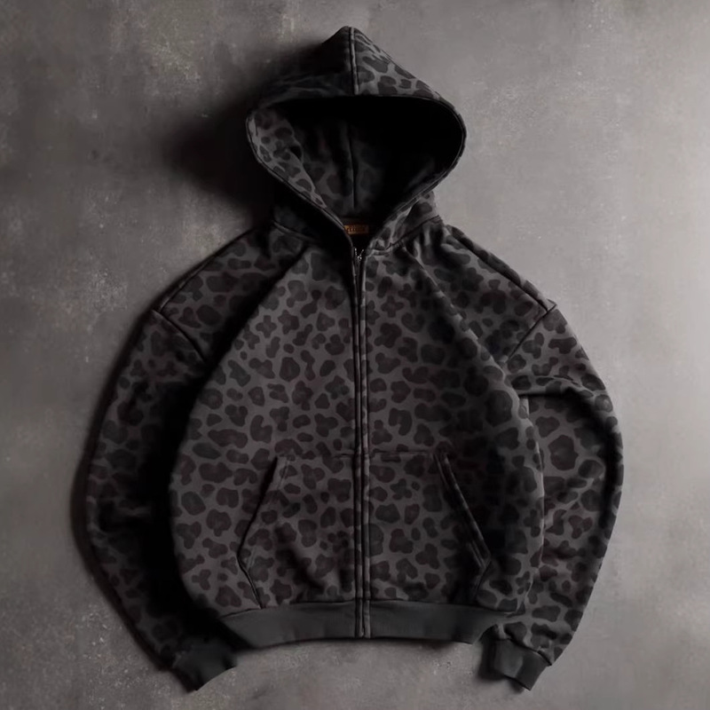2025 Autumn European and American Retro Cross-Border Unisex Leopard Print 3D Digital Print Versatile Pullover Hooded Sweatshirt Jacket