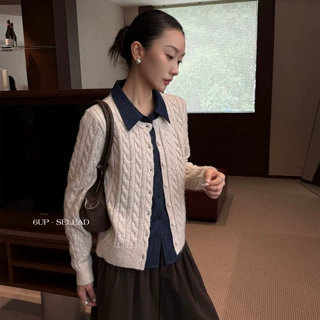 6UP秋冬韩系假两件撞色翻领麻花毛衣女老钱风女新款极简通勤61331