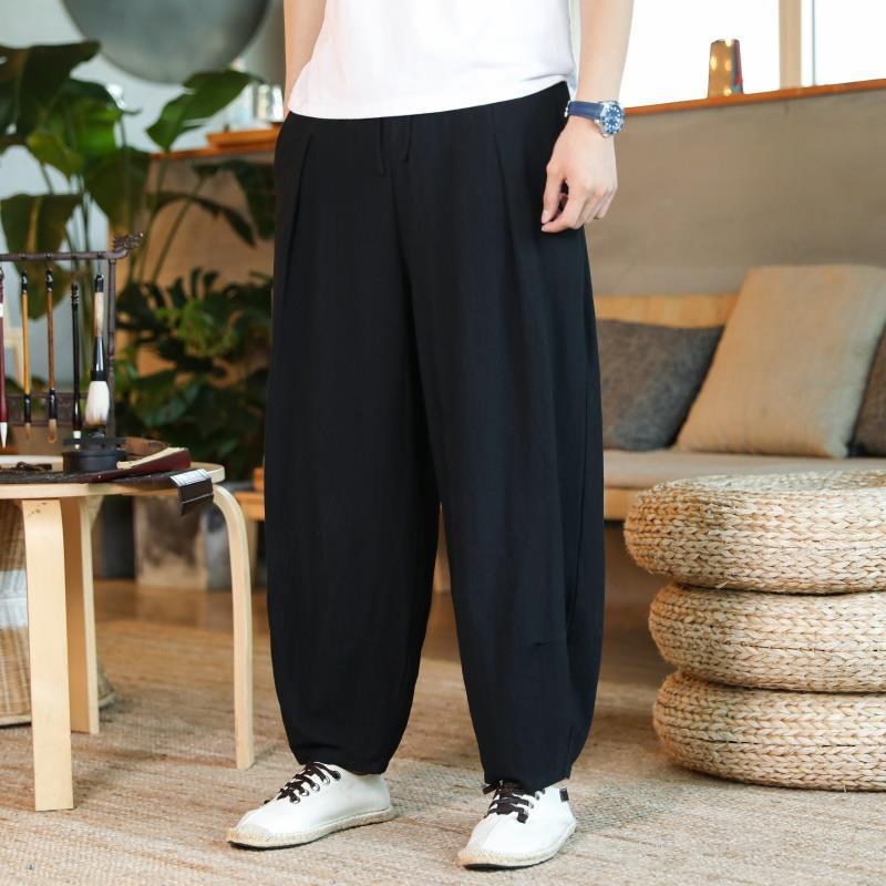 Pantalones anchos de primavera y verano, pantalones casuales de lino de algodón gordo para hombres, pantalones holgados de entrepierna grande, pantalones de lino de tendencia de estilo chino, más grasa