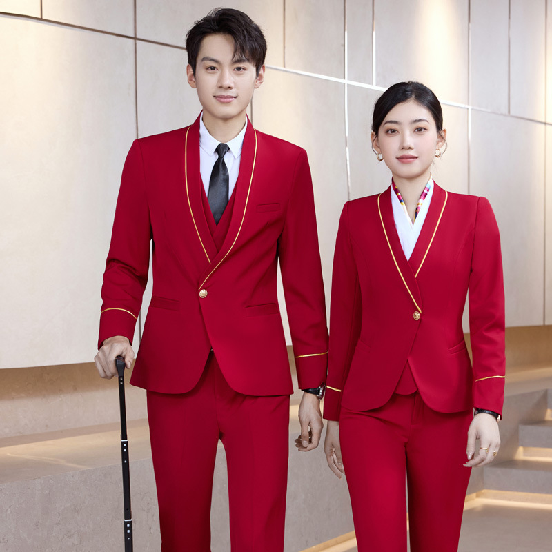 Red Stewardess Aviation Uniform Professional Suit Men's and Women's Vocational School Class Uniform High-Speed Rail Attendant Hotel Front Desk Work Clothes