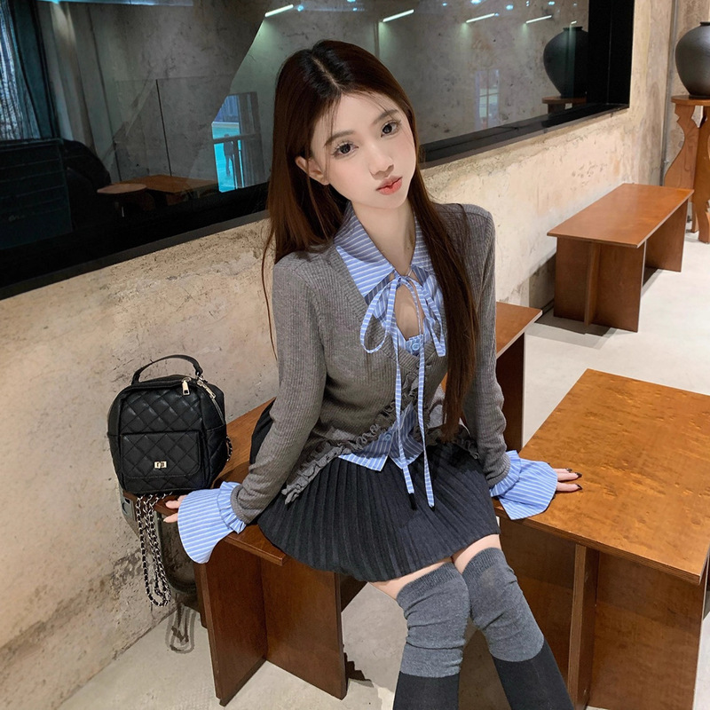 Ruffled Plaid Patchwork Lace-Up Long-Sleeve Top for Women, 2026 Spring and Autumn New Style, Fake Two-Piece, Pure and Slimming, Niche Women's Fashion