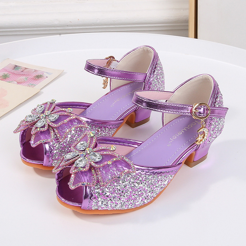 Girl's Sandals High Heels Summer Children's Rhinestone Shiny Bow Princess Shoes Little Girl's Fish-mouth Aisha Children's Shoes