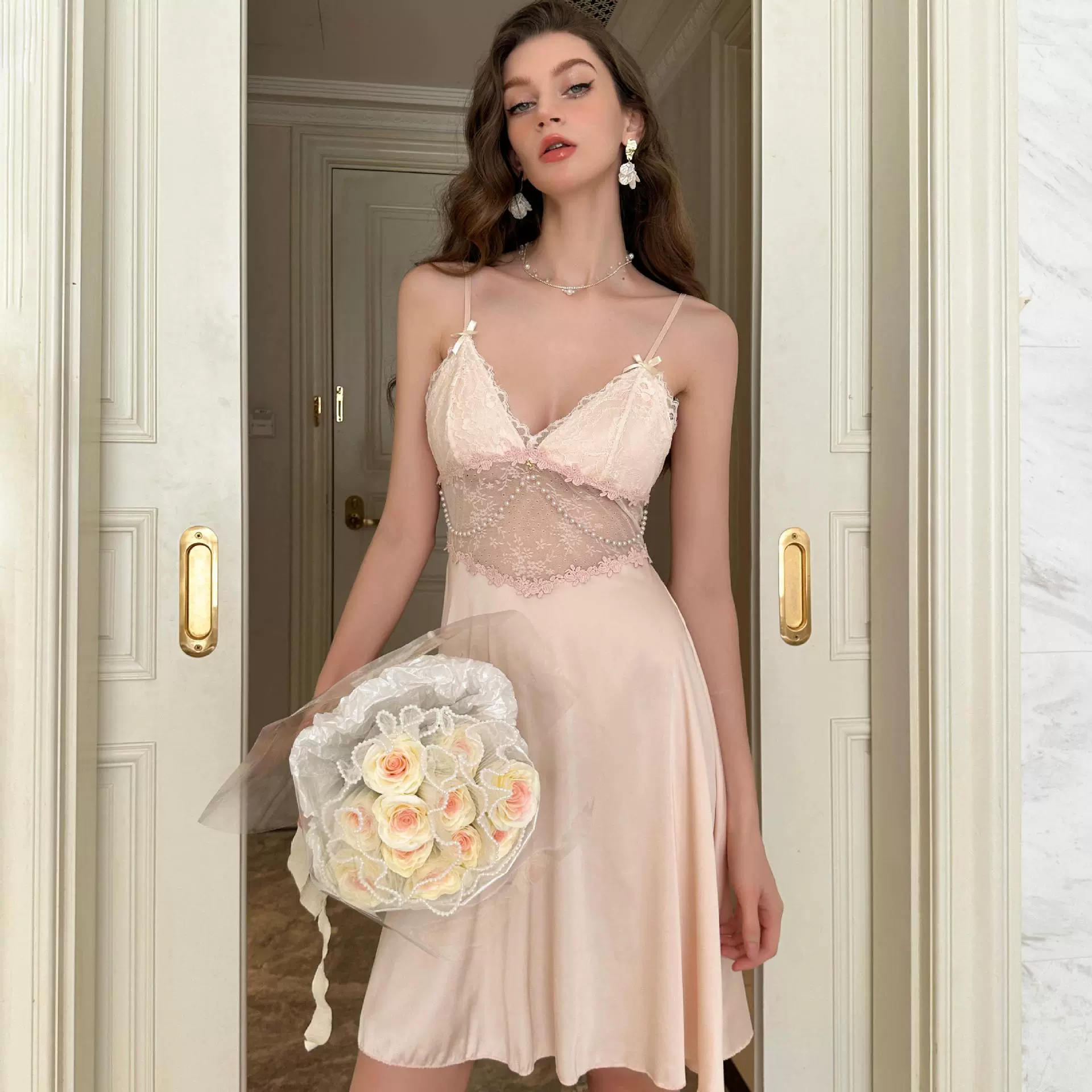 Sexy пижама, кружевное прозрачное нижнее белье, топ с чашками, Slip-dress