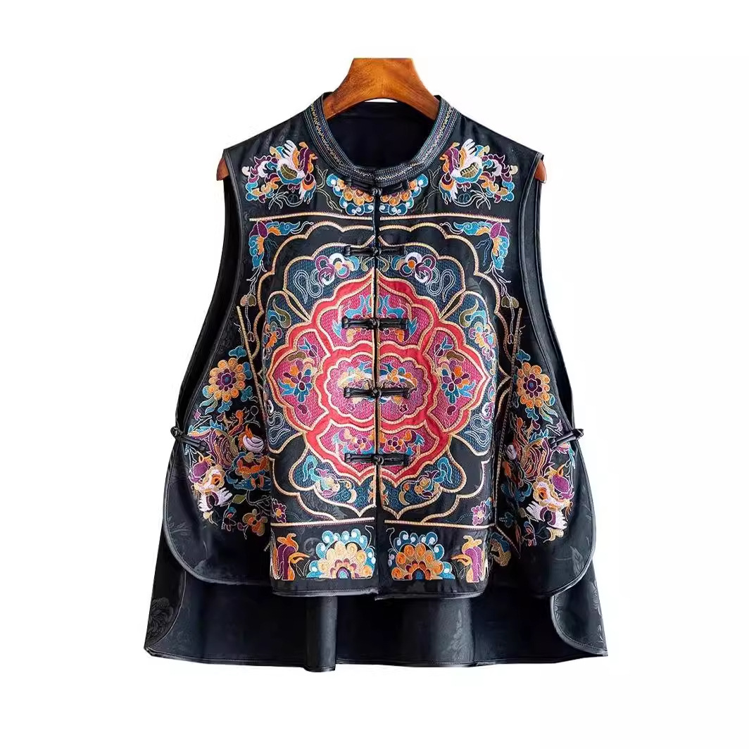 Retro negro suelta chaleco exterior para las mujeres 2023 otoño nueva moda nacional bordado pesado jacquard