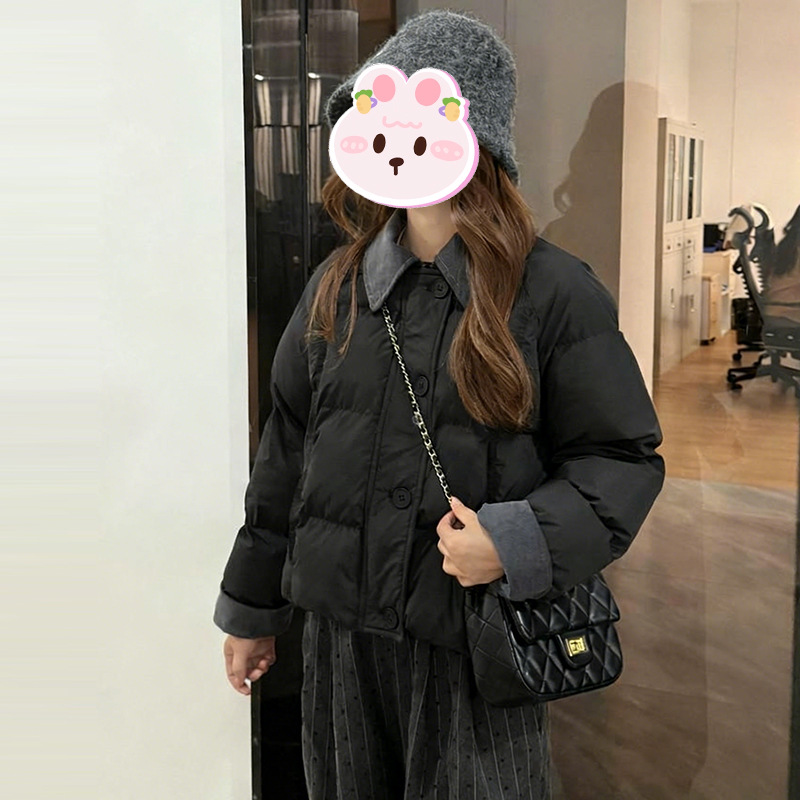 时尚撞色翻领单排扣棉服女2025冬季新款韩版宽松显瘦加厚保暖棉衣