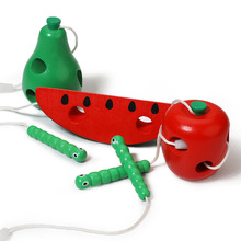 儿童串珠小虫吃水果 苹果 梨子 虫吃西瓜 幼儿穿线木制玩具跨境