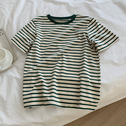White and Retro Green Striped Short-Sleeve T-Shirt for Women, Loose and Slimming Cotton Casual Layering Top for Students in Summer