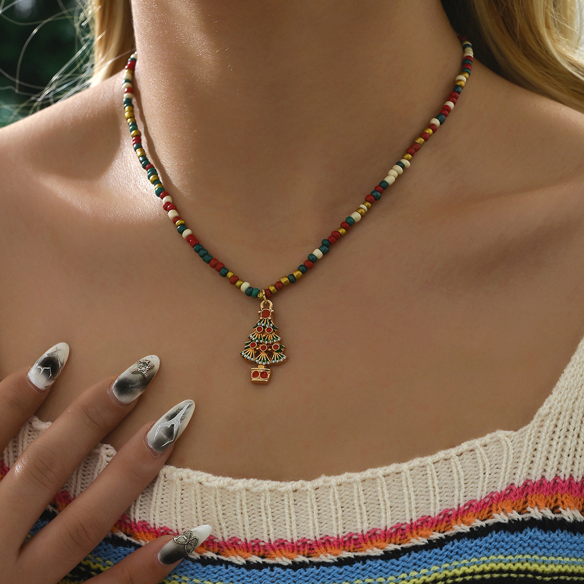Designer Elements Christmas Jewelry Colorful Beads Santa Claus Corolla Christmas Tree Necklace Holiday Accessories_voghion.com