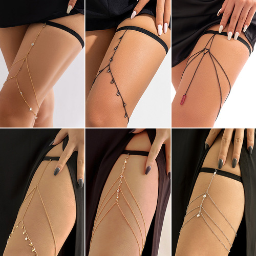 European and American cross-border jewelry Sexy beach imitation pearl body chain Simple elastic star-shaped rhinestone tassel thigh chain