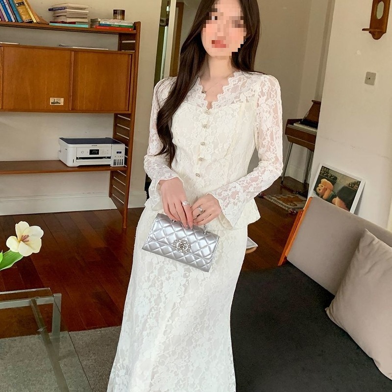 2025新款初秋季轻奢法式修身蕾丝拼接V领衬衫长裙套装女米杏色 高|undefined