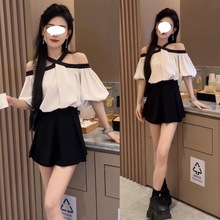韩系甜美穿搭一整套女网红时尚露肩挂脖短袖衬衫高腰半身裙两件套