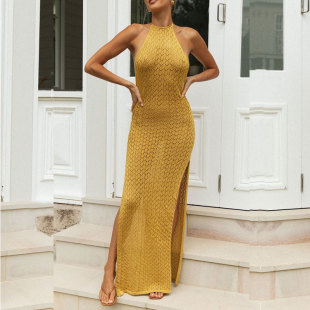 Cross-Border New Amazon Knitted Hollow Sunscreen Beach Cover-Up Halter Backless Slit Bikini Swimsuit Long Skirt