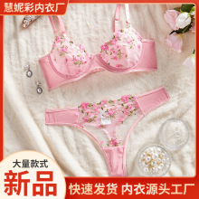 网纱女士内衣文胸套装刺绣蝴蝶蕾丝文胸套装薄棉杯大胸显小文胸