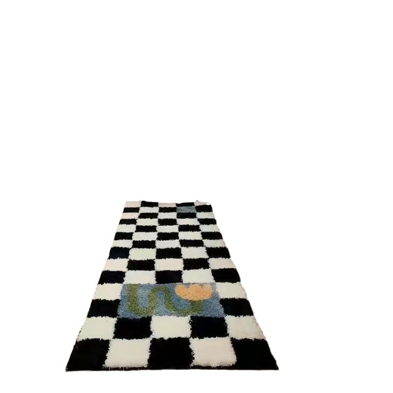 A cuadros blanco y negro de la Cachemira-como alfombra de lujo de la luz tablero de ajedrez avanzada rejilla casa mesita de noche alfombra de cama larga cola alfombra en stock