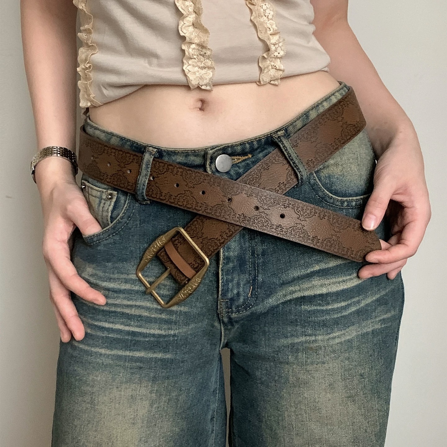 American-style leather belt for men and women Y2K 2025 new fashion young people hot girl skirt pairing high-end trendy vintage brown