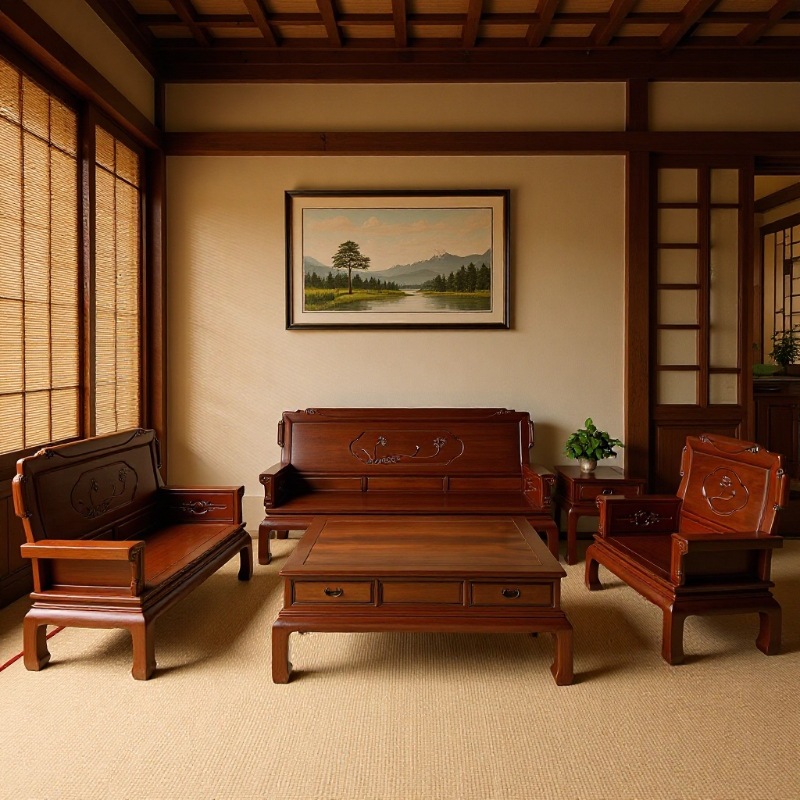 Redwood Sofa, New Chinese Style, All Solid Wood, Lotus Design, Small Set, Living Room Combination, Indonesian Rosewood with Storage Space, Natural Wood