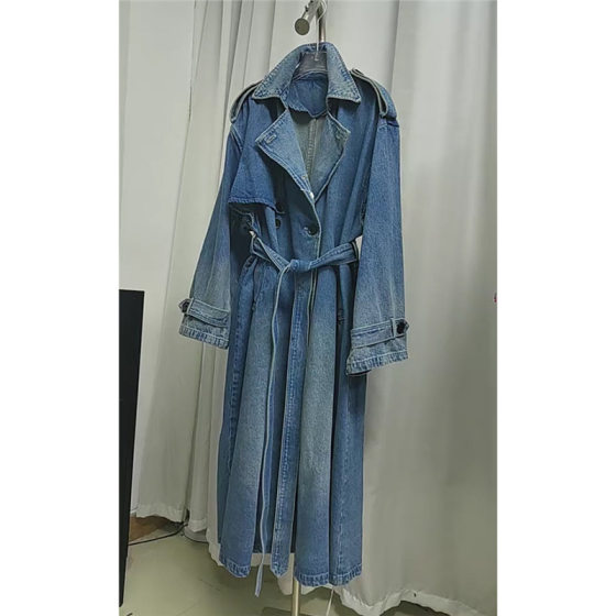 European Blue Denim Long Coat Coat Women's Winter Elegant High-end Retro Casual Double-breasted Suit Coat