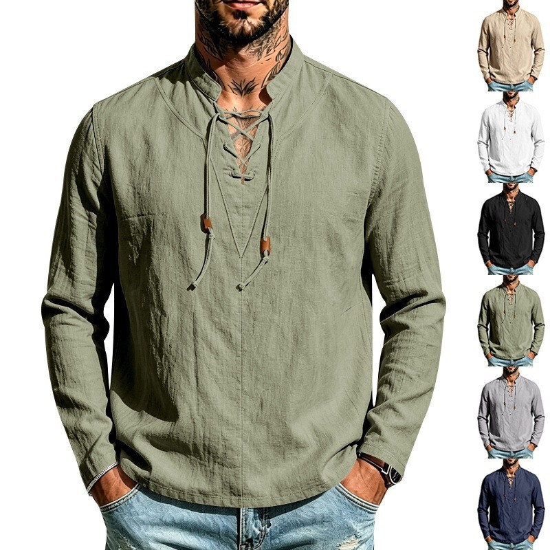 Cross-border spring and autumn men's linen long-sleeve shirt with stand-up collar and cross-tie design, casual pullover shirt for men Cross-border spring and autumn men's linen long-sleeve shirt with stand-up collar and cross-tie design, casual pullover shirt for men