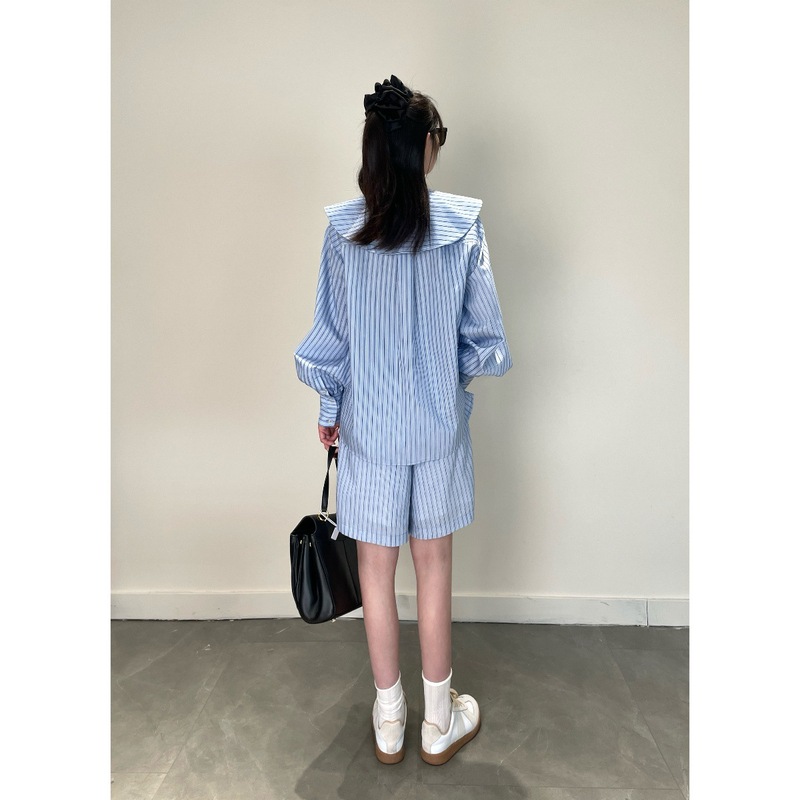 泽黛佳伊 夏日微风 海盐蓝细条纹娃娃领条纹衬衫宽松短裤套装女夏|undefined