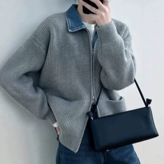 跨境新款双拉链牛仔拼接翻领针织秋冬新款宽松慵懒风显瘦时尚上衣