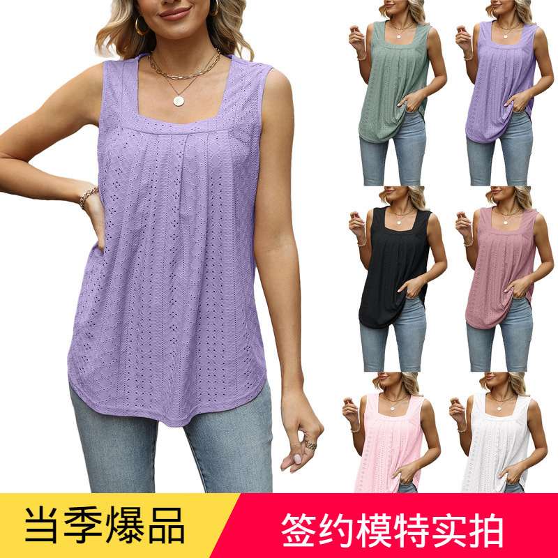 European and American Cross-Border 2024 Amazon New European and American Pleated Cut Out Square Collar Sleeveless Swallowtail Vest T-Shirt Cross-Border Women