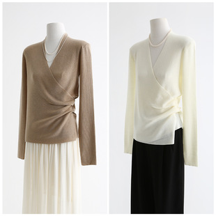 Design sense overlapping V-neck pleated wool sweater autumn and winter new temperament waist long sleeve top women's 5280