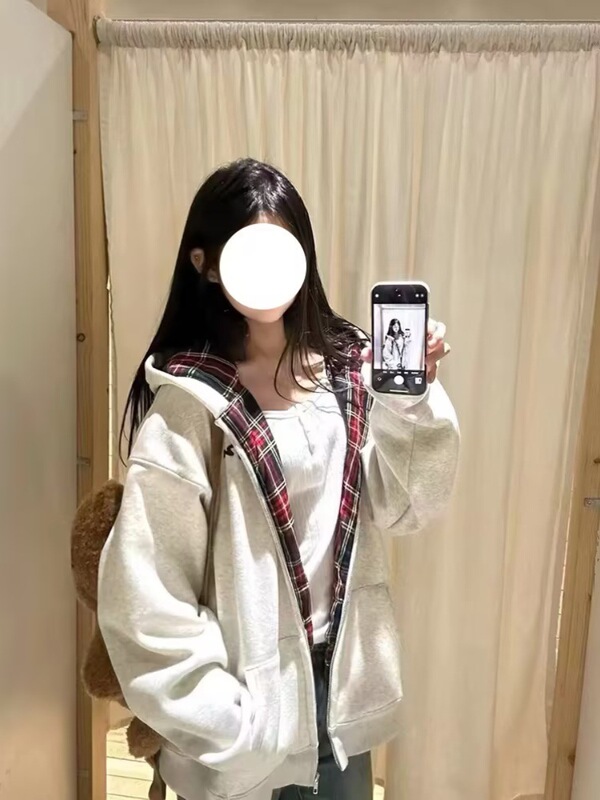 复古风连帽拉链开衫卫衣拼接2025秋冬新款格子加绒加厚休闲外套潮|undefined
