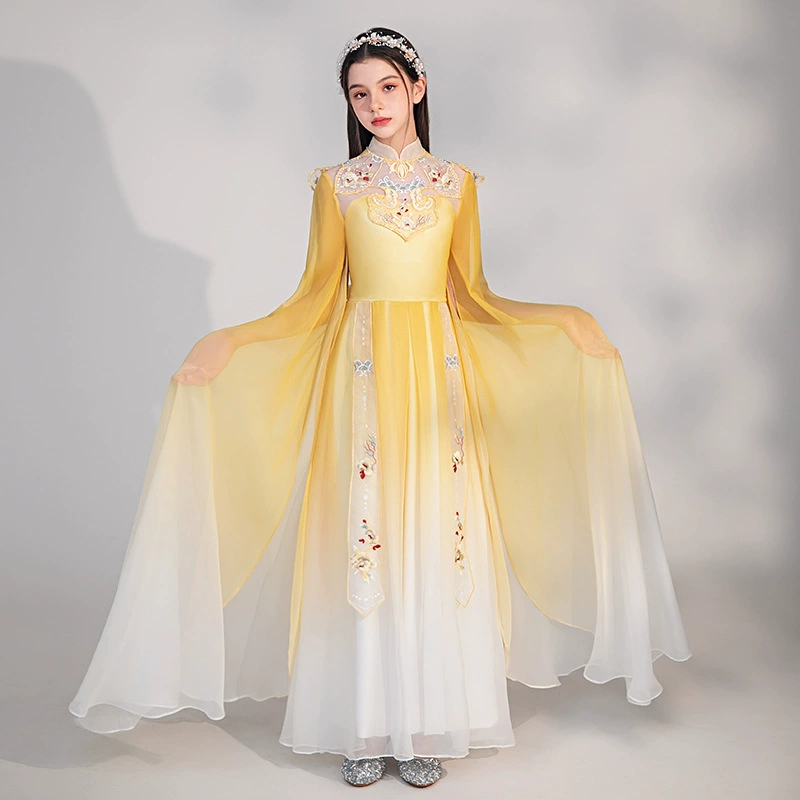 Большой хор костюм Guzheng для девочек с развевающимися рукавами